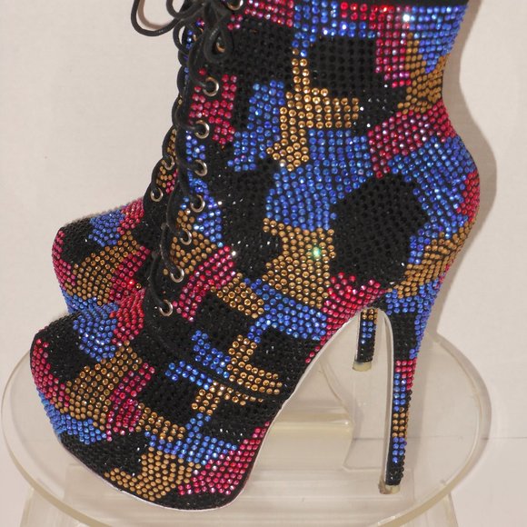 SHIEKH PLATFORM HIGH-HEEL MULTI-COLOR BEADED ANKLE BOOTS SIZE 8 MEDIUM - Picture 3 of 9